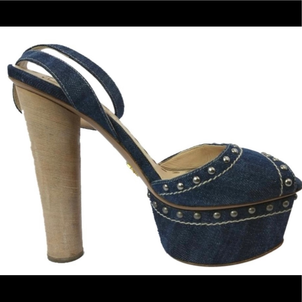 Prada Denim Washed Avio Wooden Heel Platform sz 40 / US sz 9